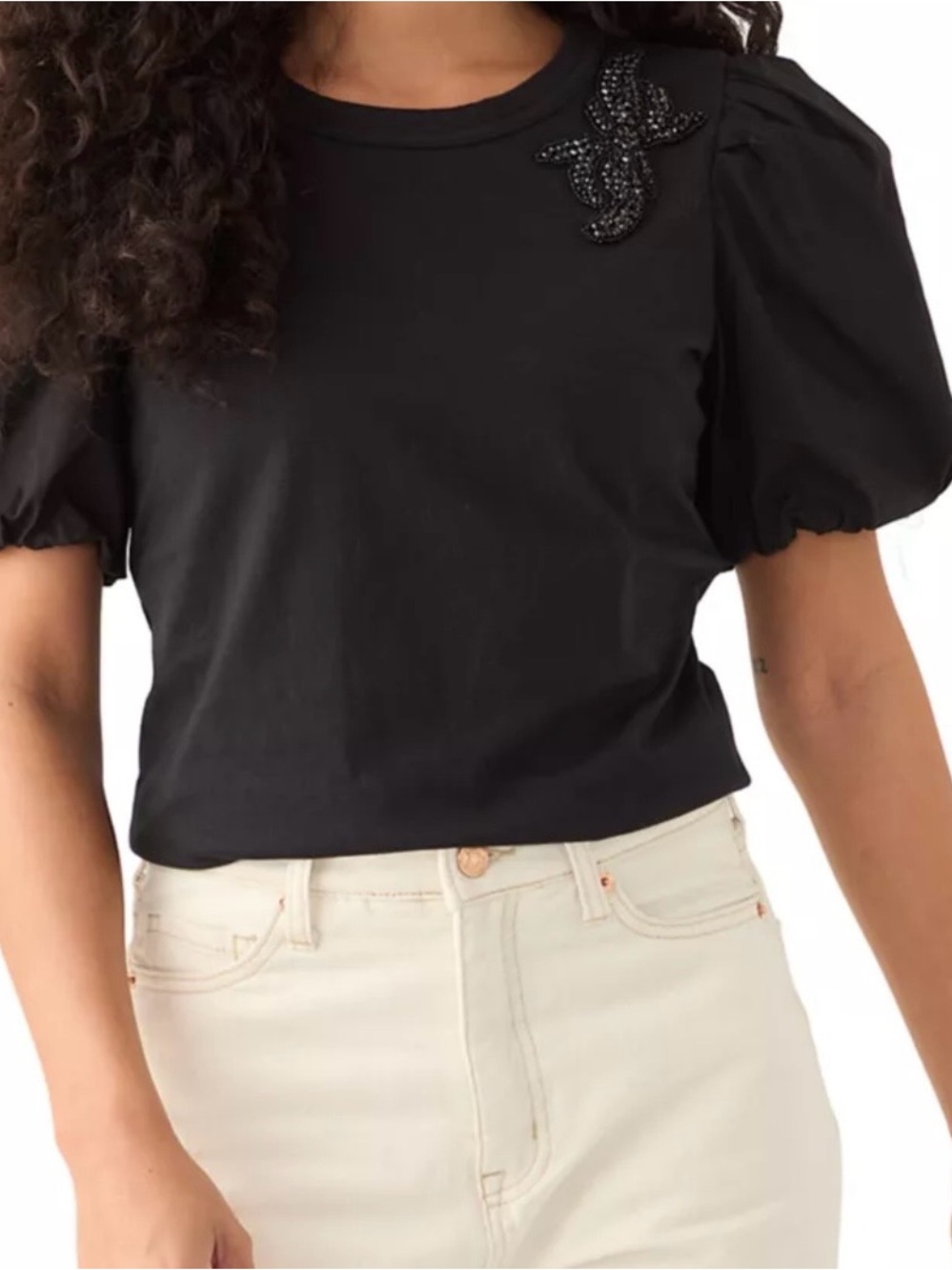 CeCe Black Puff Sleeve Embellished Women's Top - Medium